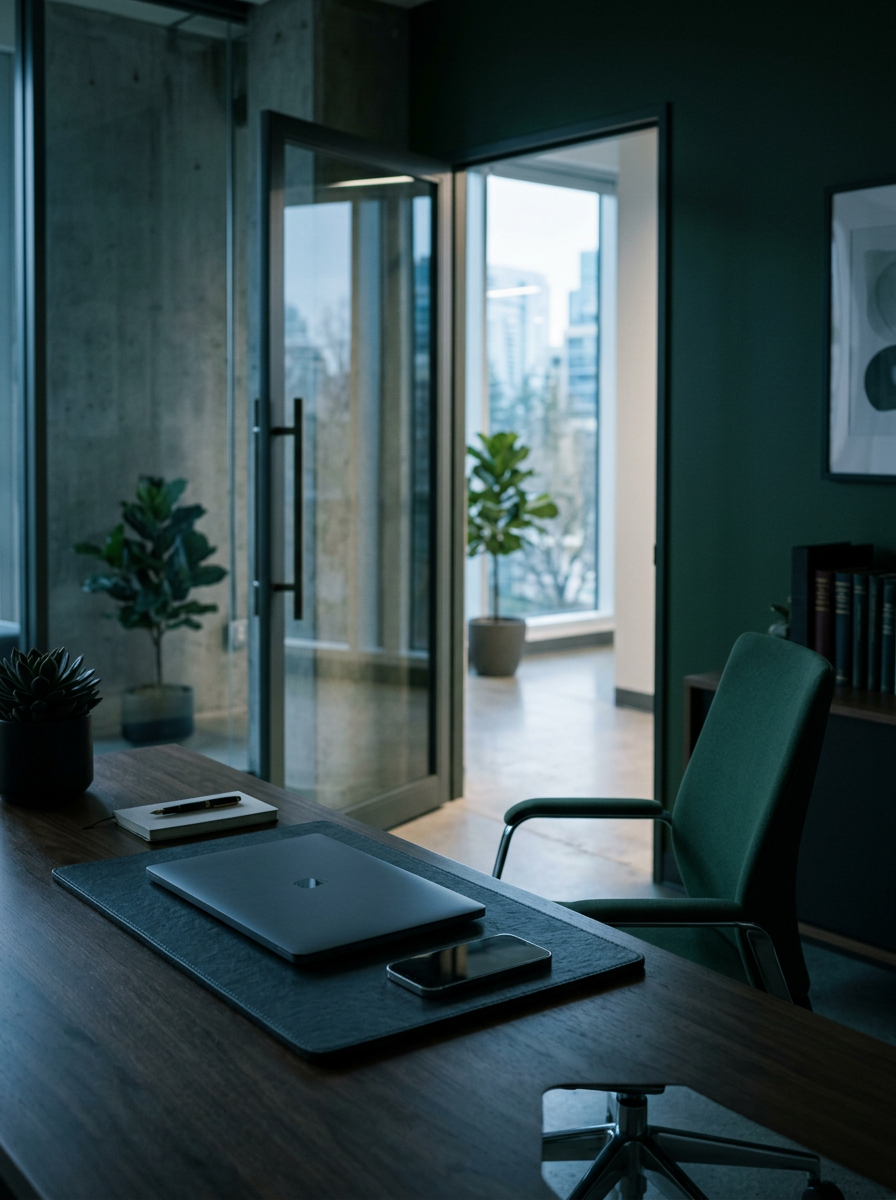 An empty office with an open door